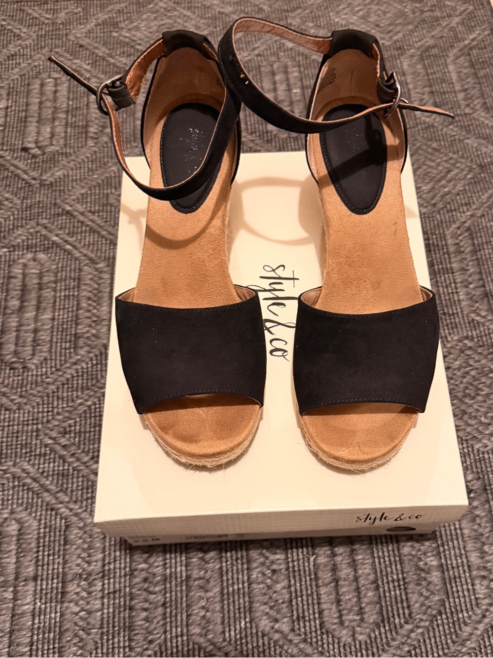 Style & Co. Black Suede Open-Toe Ankle-Strap Wedges